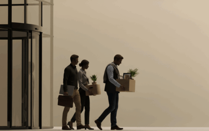 Employees walk out of an office building carrying their personal belongings